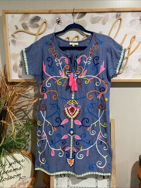 Anthropologie Blue Embroidered Tassel Tunic Dress